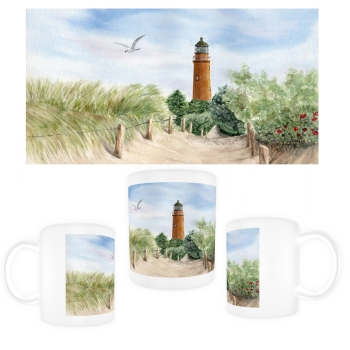 Tasse Becher Kaffeebecher Folienmagnet Aquarell Maritim Kunst Druck Kunstdruck Ostsee Leuchtturm Darßer Ort Darß Zingst Strand Meer