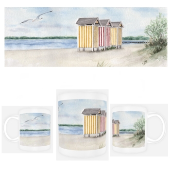 Tasse Becher Kaffeebecher Aquarell Maritim Kunst Druck Kunstdruck Ostsee - Eckernförde Strand Umkleidekabinen - EKF3 Schleimünde Schlei Kappeln