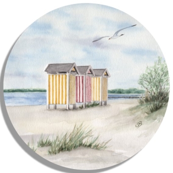 Untersetzer Glasuntersetzer rund 9,5 cm   Aquarell Maritim Kunst Druck Kunstdruck Ostsee - Eckernförde Strand Umkleidekabinen - EKF3 Schleimünde Schlei Kappeln
