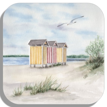 Untersetzer Glasuntersetzer 9,5 x 9,5 cm  Aquarell Maritim Kunst Druck Kunstdruck Ostsee - Eckernförde Strand Umkleidekabinen - EKF3 Schleimünde Schlei Kappeln