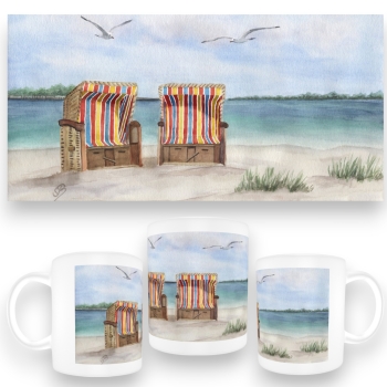 Tasse Becher Kaffeebecher Eckernförde Strand bunte Strandkörbe - EKF4