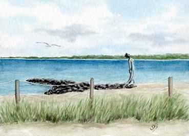 Postkarte DIN-A6 Aquarell Maritim Kunst Druck Kunstdruck Ostsee - Eckernförde Strand Meerjungfrau