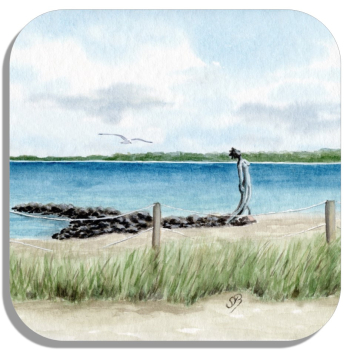Untersetzer Glasuntersetzer 9,5 x 9,5 cm  Aquarell Maritim Kunst Druck Kunstdruck Ostsee - Eckernförde Strand Meerjungfrau