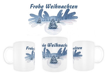 Tasse Becher Kaffeebecher Aquarell Kunst Druck Kunstdruck Schweden Sweden Sverige Elch Winterelch Winter Schnee