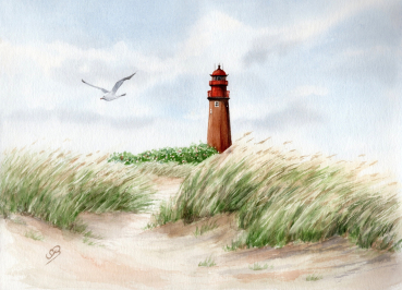 Postkarte DIN-A6   Aquarell Maritim Kunst Druck Kunstdruck Ostsee Heiligenhafen Insel Fehmarn - Leuchtturm Flügger - FEH1