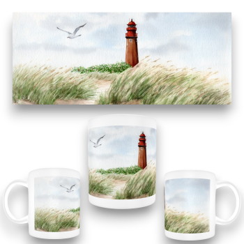 Tasse Becher Kaffeebecher  Aquarell Maritim Kunst Druck Kunstdruck Ostsee Heiligenhafen Insel Fehmarn - Leuchtturm Flügger - FEH1