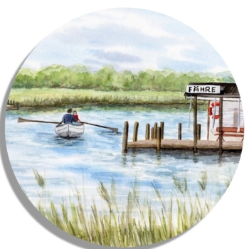 Untersetzer Glasuntersetzer rund 9,5 cm   Aquarell Maritim Kunst Druck Kunstdruck Ostsee Fähre Moritzdorf Rügen
