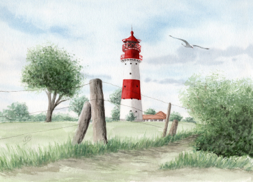 Postkarte DIN-A6 Aquarell Maritim Kunst Druck Kunstdruck Ostsee Leuchtturm Falshöft Schleimünde Schlei Kappeln