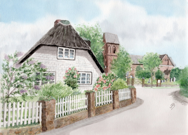 Postkarte DIN-A6 Aquarell Maritim Kunst Druck Kunstdruck Nordsee Insel Föhr Kirche Nieblum - Föhr3