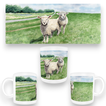 Tasse Becher Kaffeebecher Aquarell Maritim Kunst Druck Kunstdruck Nordsee Ostsee Schafe Schaf Deich Ostfriesland Deichschafe