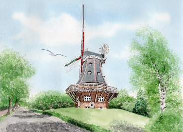 Postkarte DIN-A6 Aquarell Maritim Kunst Druck Kunstdruck Nordsee Föhr Mühle