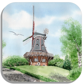 Untersetzer Glasuntersetzer 9,5 x 9,5 cm Aquarell Maritim Kunst Druck Kunstdruck Nordsee Föhr Mühle