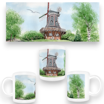 Tasse Becher Kaffeebecher Aquarell Maritim Kunst Druck Kunstdruck Nordsee Föhr Mühle