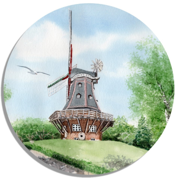 Untersetzer Glasuntersetzer rund 9,5 cm Aquarell Maritim Kunst Druck Kunstdruck Nordsee Föhr Mühle