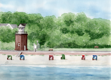 Postkarte DIN-A6 Aquarell Maritim Kunst Druck Kunstdruck Nordsee Föhr Leuchtturm Strandkorb Strand Meer