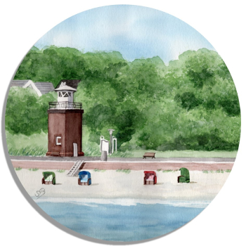 Untersetzer Glasuntersetzer 9,5 x 9,5 cm Aquarell Maritim Kunst Druck Kunstdruck Nordsee Föhr Leuchtturm Strandkorb Strand Meer