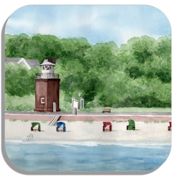 Untersetzer Glasuntersetzer 9,5 x 9,5 cm Aquarell Maritim Kunst Druck Kunstdruck Nordsee Föhr Leuchtturm Strandkorb Strand Meer