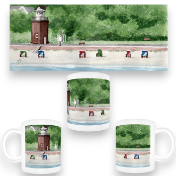 Tasse Becher Kaffeebecher Aquarell Maritim Kunst Druck Kunstdruck Nordsee Büsum Leuchtturm Strandkorb Strand Meer