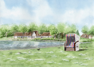 Postkarte DIN-A6 Aquarell Maritim Kunst Druck Kunstdruck Nordsee Insel Föhr Kirche Nieblum - Föhr3