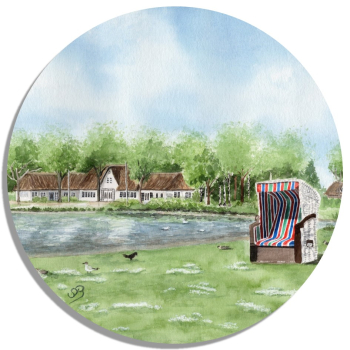 Untersetzer Glasuntersetzer rund 9,5 cm Aquarell Maritim Kunst Druck Kunstdruck Nordsee Insel Föhr Kirche Nieblum - Föhr3