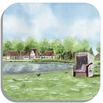 Untersetzer Glasuntersetzer 9,5 x 9,5 cm Aquarell Maritim Kunst Druck Kunstdruck Nordsee Insel Föhr Kirche Nieblum - Föhr3