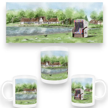 Tasse Becher Kaffeebecher Aquarell Maritim Kunst Druck Kunstdruck Nordsee Insel Föhr Kirche Nieblum - Föhr3
