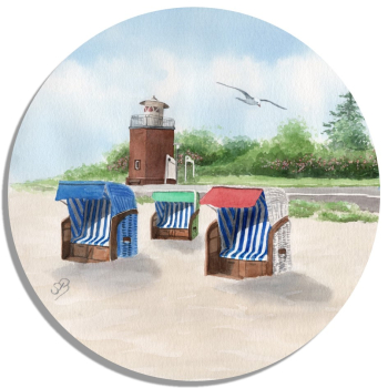 Untersetzer Glasuntersetzer 9,5 x 9,5 cm Aquarell Maritim Kunst Druck Kunstdruck Nordsee Föhr Leuchtturm Strandkorb Strand Meer