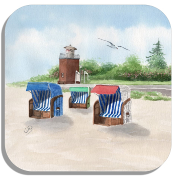 Untersetzer Glasuntersetzer 9,5 x 9,5 cm Aquarell Maritim Kunst Druck Kunstdruck Nordsee Föhr Leuchtturm Strandkorb Strand Meer