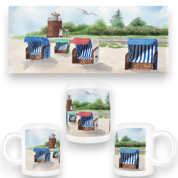 Tasse Becher Kaffeebecher Aquarell Maritim Kunst Druck Kunstdruck Nordsee Büsum Leuchtturm Strandkorb Strand Meer