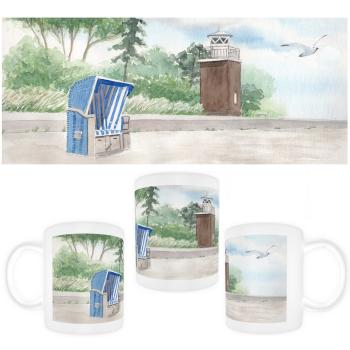 Tasse Becher Kaffeebecher Aquarell Maritim Kunst Druck Kunstdruck Nordsee Büsum Leuchtturm Strandkorb Strand Meer