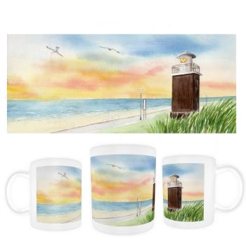 Tasse Becher Kaffeebecher Aquarell Maritim Kunst Druck Kunstdruck Nordsee Büsum Leuchtturm Strandkorb Strand Meer