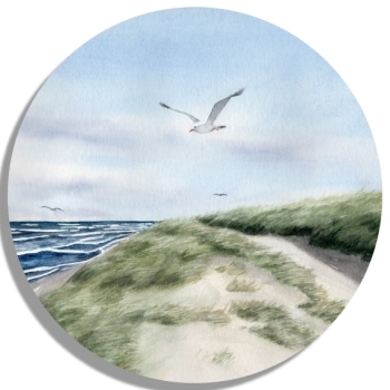Untersetzer Glasuntersetzer rund 9,5 cm Aquarell Maritim Kunst Druck Kunstdruck Dänemark Nordsee Ostsee Düne Meer Möwe Strand