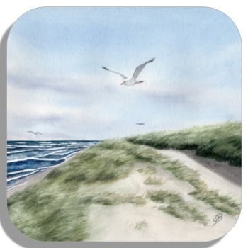 Untersetzer Glasuntersetzer 9,5 x 9,5 cm  Aquarell Maritim Kunst Druck Kunstdruck Dänemark Nordsee Ostsee Düne Meer Möwe Strand