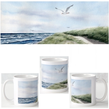 Tasse Becher Kaffeebecher  Aquarell Maritim Kunst Druck Kunstdruck Dänemark Nordsee Ostsee Düne Meer Möwe Strand