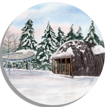 Untersetzer Glasuntersetzer rund 9,5 cm Aquarell Maritim Kunst Druck Kunstdruck Konzertpavillon in Graal-Müritz im Winter - GM12