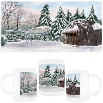 Tasse Becher Kaffeebecher  Aquarell Maritim Kunst Druck Kunstdruck Konzertpavillon in Graal-Müritz im Winter - GM12