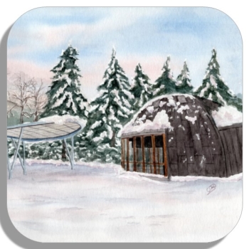 Untersetzer Glasuntersetzer 9,5 x 9,5 cm  Aquarell Maritim Kunst Druck Kunstdruck Konzertpavillon in Graal-Müritz im Winter - GM12