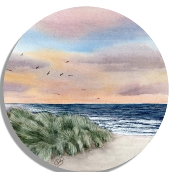 Untersetzer Glasuntersetzer rund 9,5 cm Aquarell Maritim Kunst Druck Kunstdruck Dänemark Nordsee Ostsee Düne Meer Möwe Strand