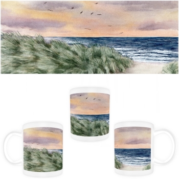 Tasse Becher Kaffeebecher  Aquarell Maritim Kunst Druck Kunstdruck Dänemark Nordsee Ostsee Düne Meer Möwe Strand