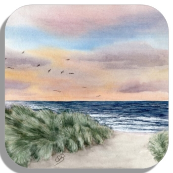 Untersetzer Glasuntersetzer 9,5 x 9,5 cm  Aquarell Maritim Kunst Druck Kunstdruck Dänemark Nordsee Ostsee Düne Meer Möwe Strand