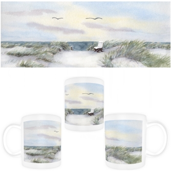 Cup Coffee Cup Mug Way to the Beach Watercolor Maritime Art Print  Baltic Sea  Beach Dunes Beach path with bench in winter - GM4