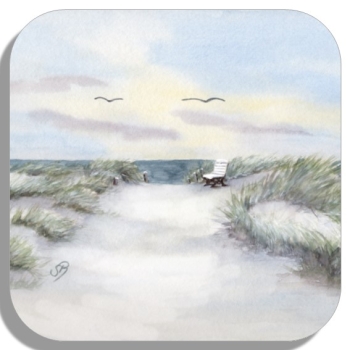 Coasters glass coasters 9,5 x  9,5 cm Way to the Beach Watercolor Maritime Art Print  Baltic Sea  Beach Dunes Beach path with bench in winter - GM4