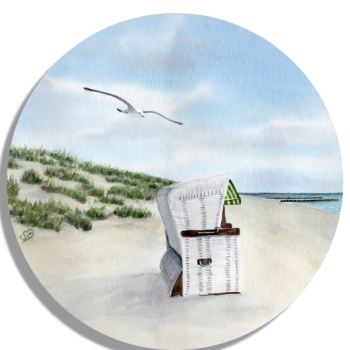 Untersetzer Glasuntersetzer rund 9,5 cm Aquarell Maritim Kunst Druck Kunstdruck Dänemark Nordsee Ostsee Strandkorb Düne Dünen Sylt Meer Möwe Strand