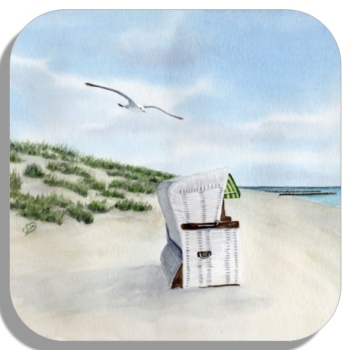 Untersetzer Glasuntersetzer 9,5 x 9,5 cm Aquarell Maritim Kunst Druck Kunstdruck Dänemark Nordsee Ostsee Strandkorb Düne Dünen Sylt Meer Möwe Strand