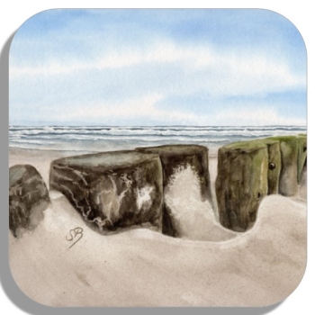 Untersetzer Glasuntersetzer 9,5 x 9,5 cm  Aquarell Wellenbrecher  Maritim Kunst Druck Dänemark Nordsee Ostsee Düne Dünen Meer Möwe Möwen Strand