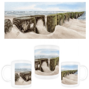 Tasse Becher Kaffeebecher Aquarell Wellenbrecher Maritim Kunst Druck Dänemark Nordsee Ostsee Düne Dünen Meer Möwe Möwen Strand
