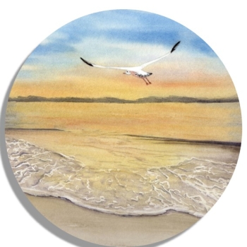 Untersetzer Glasuntersetzer rund 9,5 cm  Sonnenuntergang Strand Aquarell Maritim Kunst Druck Kunstdruck Dänemark Nordsee Düne Dünen Meer Möwe Ostsee