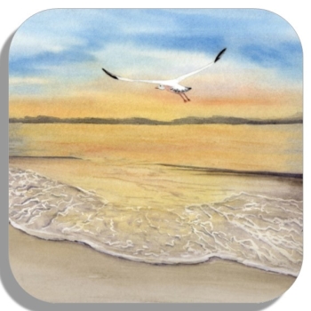 Untersetzer Glasuntersetzer 9,5 x 9,5 cm Sonnenuntergang Strand Aquarell Maritim Kunst Druck Kunstdruck Dänemark Nordsee Düne Dünen Meer Möwe Ostsee