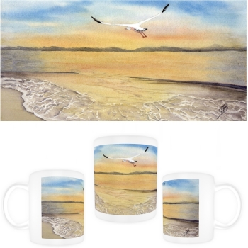 Tasse Becher Kaffeebecher Sonnenuntergang Strand Aquarell Maritim Kunst Druck Kunstdruck Dänemark Nordsee Düne Dünen Meer Möwe Ostsee