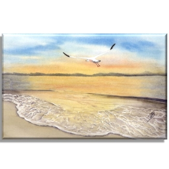 Leinwand 30 x 20 cm Keilrahmen Canvas-Leinen  Sonnenuntergang Strand Aquarell Maritim Kunst Druck Kunstdruck Dänemark Nordsee Düne Dünen Meer Möwe Ostsee